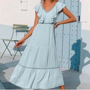 Simplee Boho Ruffle Blue Tiered Crochet Daisies Maxi Dress - Women's Size M